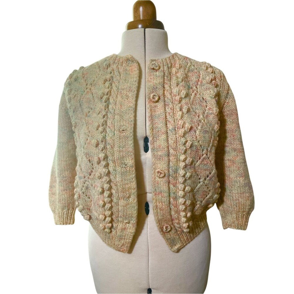 Hand Knit Sweater Size M Oatmeal Heather Popcorn Stitch Cropped 3/4 Sleeves